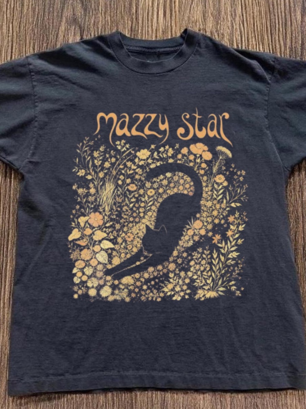 Gildan Black Short-Sleeve Tee with Yellow Floral Cat 'Mazzy Star' Graphic